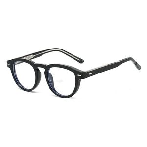 Retro black round TR90 eyeglasses frame with silver rivet details on white background
