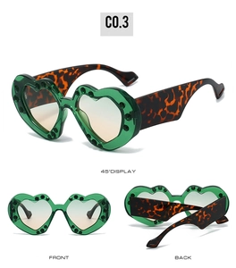 Detailed multi-angle view of green heart-shaped sunglasses with black beaded frame decor