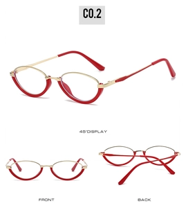 Three-view display of red and gold oval metal glasses with anti-blue light lenses