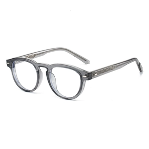 Vintage round TR90 eyeglasses frame in transparent grey with engraved metal core