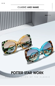 Detail of butterfly-shaped sunglasses with tortoiseshell patterns and gradient lenses