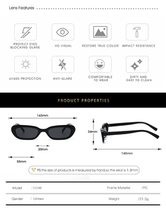 Tableau des tailles détaillé et spécifications pour lunettes de soleil ovales en PC