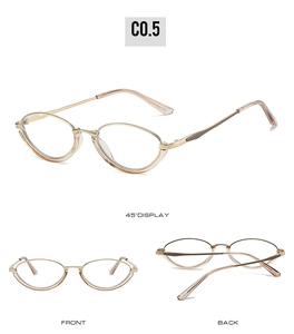 Detailed views of light gold oval metal glasses frame including front and back angles