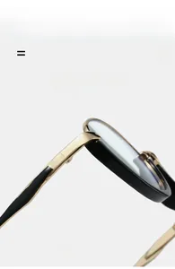 Detail of lightweight super elastic gold and black metal glasses frames showing hinges
