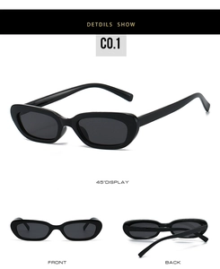 Vues détaillées de lunettes de soleil ovales noires avec monture rétro et verres foncés