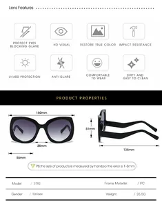 Detailed size chart for butterfly sunglasses with UV400 protection and PC frame specs