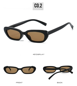 Trois vues de petites lunettes de soleil ovales noires avec verres marrons