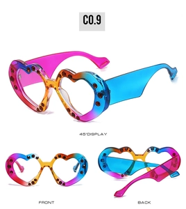 Three views of heart-shaped sunglasses featuring rainbow gradients and rhinestone accents