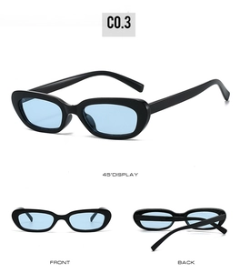 Vue sous trois angles de lunettes de soleil ovales avec monture noire et verres bleu clair