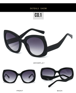 Three-way view of oversized cat-eye sunglasses with purple gradient lenses and black frames
