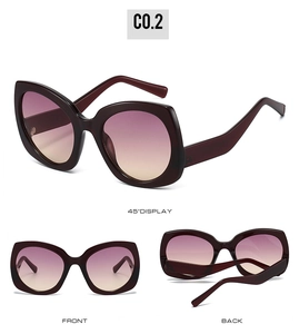 Detailed views of cat-eye sunglasses featuring burgundy frames and gradient purple lenses