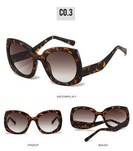 Detailed views of leopard print tortoiseshell sunglasses with brown gradient lenses