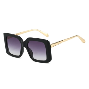 Square fashion sunglasses with black frame, purple gradient lenses and gold metal temples