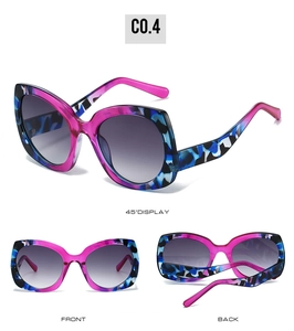 Three-angle view of two-tone butterfly sunglasses in purple and blue tortoiseshell