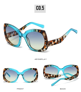 Detailed multi-angle views of blue and tortoise cat-eye sunglasses with gradient lenses