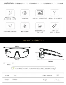 Size chart and technical specifications for cycling sunglasses with UV400 lens dimensions