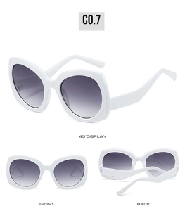 Three views of white butterfly sunglasses with purple gradient lenses and wide temples