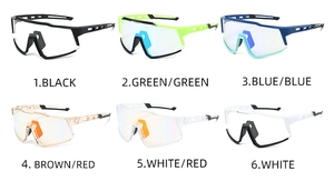 Detailed grid view of six colorful cycling sunglasses in various frame and lens options