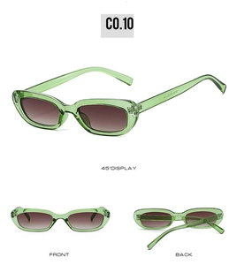 Vue détaillée de lunettes de soleil étroites vertes avec verres marron anti-UV sous trois angles