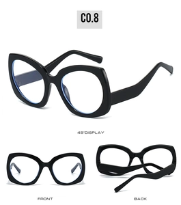 Detailed views of chunky black cat-eye glasses frames with blue light blocking lenses