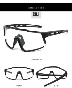 Three-way view of matte black cycling goggles with clear PC lenses and vent hole temples