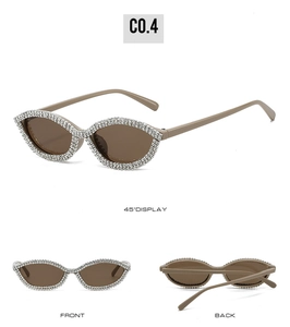 Tre viste di occhiali da sole cat-eye marroni con bordi decorati in strass lucidi