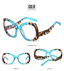 Detailed views of irregular cat eye frames with teal and tortoiseshell color blocking