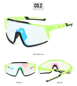 Three angles of neon green cycling sports sunglasses with polarized wrap-around lenses