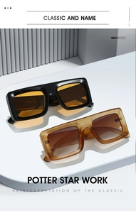 Detail of square vintage sunglasses with black and amber frames on a modern display stand