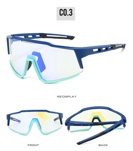 Three-view display of blue-green cycling sunglasses with aerodynamic hollow temples