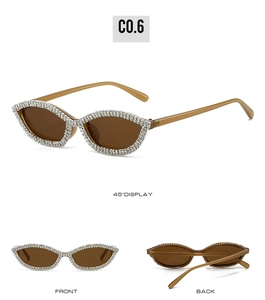 Dettagli degli occhiali da sole cat-eye marroni con decorazione densa di strass