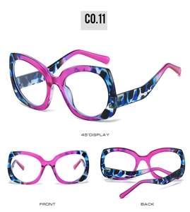 Three-angle display of cat-eye frames with colorful pink and blue marble patterns