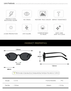Size chart and technical specifications for retro oval frame sunglasses with UV400 protection