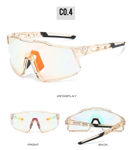 Multi-angle view of amber sports cycling sunglasses with vibrant rainbow mirrored lenses