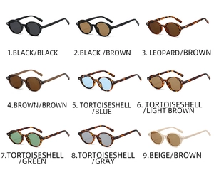 Nine different color options for retro round frame sunglasses with rivet details