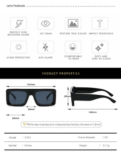 Detailed size chart of square frame PC sunglasses with UV400 and anti-glare features