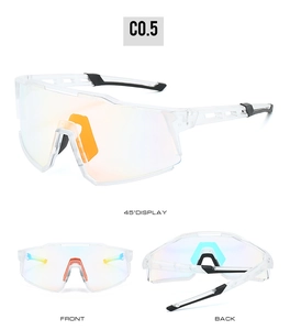 Multi-angle view of transparent cycling sunglasses with iridescent lenses and nose pads