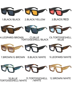 Grid display of vintage rectangle sunglasses featuring twelve stylish color frame combinations