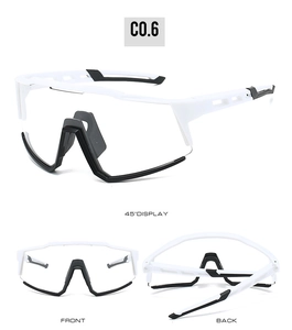 Multi-angle views of white cycling sports glasses with transparent lenses and nose pads