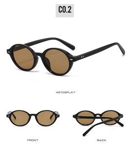 Three-angle view of round retro sunglasses with black frames and brown lenses
