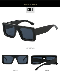 Three-way view of retro black rectangular sunglasses showing front, back, and 45-degree angle