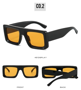 Multi-angle views of square retro sunglasses with thick black frames and orange lenses