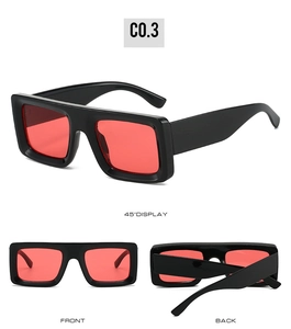 Square black frame sunglasses with red lenses shown in front, back and 45-degree views