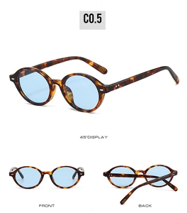 Detailed views of retro round sunglasses with tortoiseshell frames and blue lenses