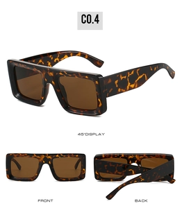 Three perspectives of square leopard print sunglasses with dark brown lenses and wide temples