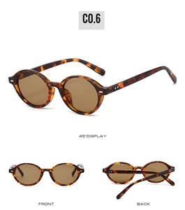 Detailed views of tortoiseshell round sunglasses with silver rivets and brown lenses