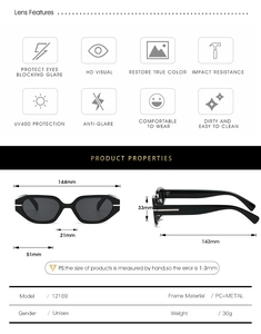 Detailed size specifications for vintage narrow frame sunglasses with UV400 lens features