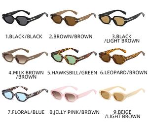 Detailed grid showing nine stylish polygon sunglasses with colorful frames and lenses