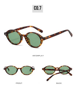 Three-angle view of tortoise shell round sunglasses with green lenses and metal rivets