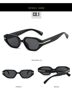Front, back, and 45-degree views of black geometric sunglasses with silver temple accents